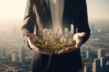 Poster - A man in a suit holding a city in his hands. Perfect for illustrating concepts like power, control, and urban development.