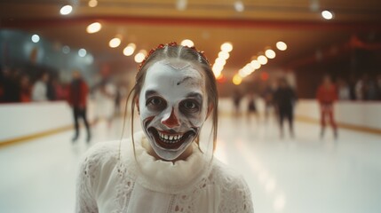 Poster - A woman wearing a white dress with a clown face painted on her face. This image can be used for various purposes