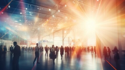 Poster - A large group of people walking through a building. Perfect for illustrating teamwork, office culture, or a bustling urban environment
