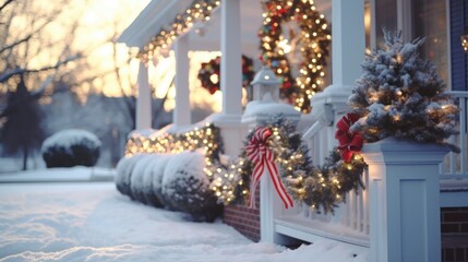 Aufkleber - A charming house adorned with beautiful Christmas decorations on the front porch. Perfect for holiday-themed projects and festive designs