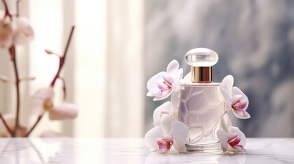 Aufkleber - A bottle of perfume sitting on top of a table. Suitable for beauty and fragrance themes