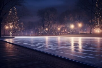 Poster - A picture of a park at night with lights reflecting in the water. Can be used to depict a serene and peaceful nighttime scene