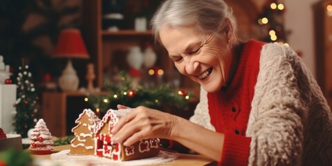 Wall Mural - An older woman skillfully decorates a gingerbread house. This image can be used for holiday baking or Christmas-themed projects