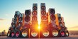 A large stack of speakers sitting on top of each other. Perfect for music events and audio presentations
