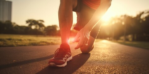 Poster - A person is pictured wearing red running shoes on a road. This image can be used to depict fitness, exercise, running, or a healthy lifestyle