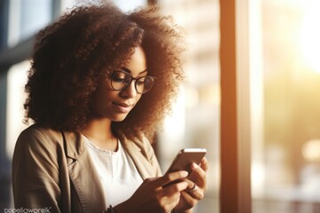 Poster - Woman with glasses looking at her cell phone. Suitable for technology-related content