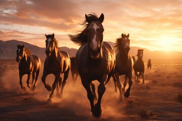 Aufkleber - A dynamic scene capturing a group of horses running in the vast desert. Perfect for depicting freedom and wild beauty of nature.