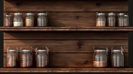 Poster - A wooden shelf filled with jars of various spices. Perfect for food and cooking related projects