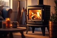 A Cozy Wood Burning Stove In A Living Room. Perfect For Adding Warmth And Ambiance To Any Space