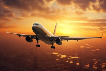 Poster - A large jetliner flying over a city at sunset. Perfect for travel or transportation-themed projects