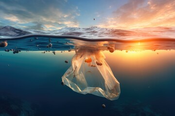 Wall Mural - A plastic bag floats in the calm ocean waters during a beautiful sunset. This image can be used to raise awareness about plastic pollution and its impact on marine life