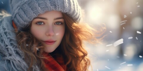 Poster - A woman wearing a hat and scarf in a snowy landscape. Perfect for winter-themed designs and holiday promotions
