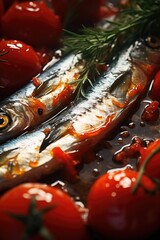 Poster - A group of fish resting on a heap of fresh tomatoes. Perfect for food-related projects and seafood recipes