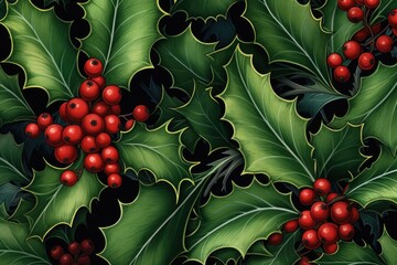 Poster - A beautiful pattern featuring holly leaves and red berries. Perfect for holiday decorations and festive designs