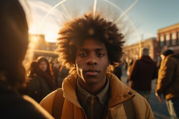 Aufkleber - A man with an afro hairstyle looking directly at the camera. Suitable for various uses