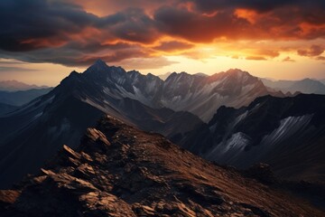 Poster - A beautiful sunset with the sun setting over a majestic mountain range. Perfect for nature and landscape enthusiasts.