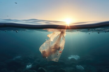 Poster - A plastic bag floating in the ocean at sunset. This image can be used to raise awareness about pollution and its impact on marine life