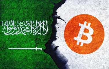 Wall Mural - Bitcoin and Saudi Arabia flag on a wall with a crack. Saudi Arabia Bitcoin banned, not legal, stack, illegal, blockchain technology for crypto currency concept