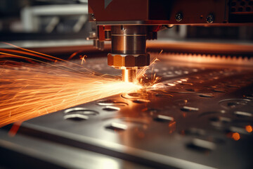Poster - A machine cutting a piece of metal, producing sparks. Ideal for industrial and manufacturing concepts