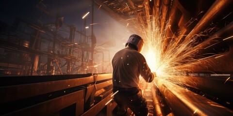 Wall Mural - A man is shown welding steel in a factory. This image can be used to depict industrial work or manufacturing processes