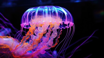 Poster - A jellyfish peacefully floats in the water, with a captivating black background. This image can be used to add a touch of mystery and elegance to various projects