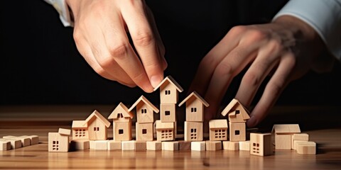 Aufkleber - A person is seen placing wooden blocks into a house. This image can be used to illustrate construction, building, or home improvement projects