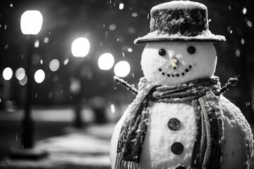 Poster - A black and white photo of a snowman. Suitable for winter-themed designs