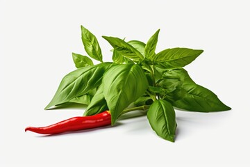 Wall Mural - A vibrant composition featuring a bunch of green leaves and a ripe red pepper resting on a clean white surface. Perfect for food and cooking-related projects