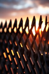 Poster - A close-up view of a fence with the sun setting in the background. Perfect for adding a touch of warmth and tranquility to any project