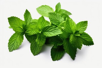 Poster - A bunch of fresh mint leaves on a white surface. Perfect for adding a refreshing touch to food and beverages