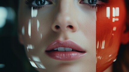 Poster - Close up of a woman's face with red paint. Versatile image suitable for artistic projects or makeup tutorials