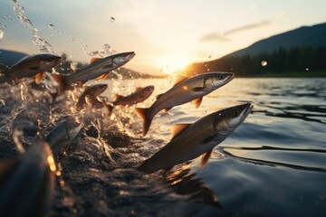 Aufkleber - Fish in a group jumping out of the water. Can be used for illustrating concepts of freedom, teamwork, or nature