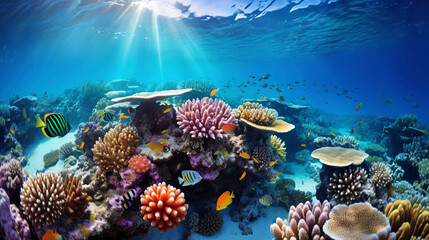 underwater coral reef and fish, ocean landscape, aquatic nature 