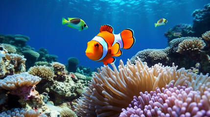 Wall Mural - clownfish, underwater coral reef and fish, ocean landscape, aquatic nature 