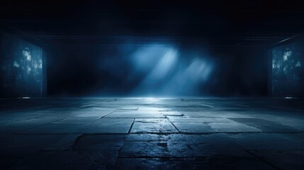 Poster - A picture of a dark room illuminated by a single light source coming from the ceiling. This image can be used to depict mystery, solitude, or the concept of finding light in darkness
