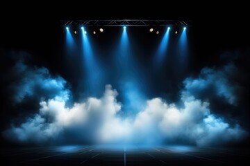 Poster - An empty stage with blue lights and smoke. Perfect for theatrical performances and concert events