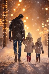 Wall Mural - A man and two children walking in the snow. Suitable for winter activities and family bonding