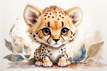 Wall Mural - adorable, cute, funny, soft wild baby cheetah in watercolor with big eyes	