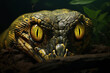 A close up photography of a venomous python snake in the middle of the rainforest.