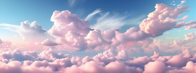Wall Mural - a vast sky filled with fluffy pink clouds and blue hues, giving a serene sunset or sunrise view.