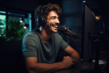 Wall Mural - Young man recording podcast in studio