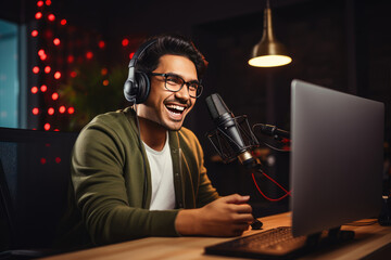 Wall Mural - Young man recording podcast in the studio