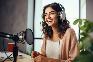 Wall Mural - Young woman recording a podcast in studio and having fun