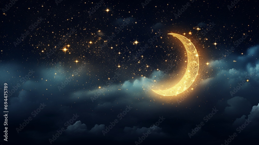 Golden crescent moon and glowing star in the night sky. Milky Way ...
