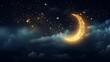 Golden crescent moon and glowing star in the night sky. Milky Way. Rectangular background. Illustration with empty place for text.