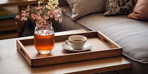 Wall Mural - Retro wooden tray with tea and a book on the coffee table in the living room, from a top view perspective, on a lazy winter weekend.