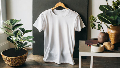 Wall Mural - A plain empty white tshirt hanging on a hanger with a home interior background. Mockup clothing company concept. ai generated.