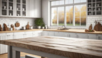 Blurry out of focus background of a bright farmhouse home white kitchen with wooden details and tabletop. ai generated