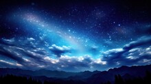  A Night Sky Filled With Stars And Clouds With Mountains And Trees In The Foreground And A Blue Sky Filled With Stars And Clouds.