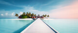 Fototapeta  - tropical minimalist mockup. Luxury panoramic view at exotic resort on turquoise seascape background. Bungalow, villas on beautiful beach on the ocean. Spa, leisure, concept. Generative ai